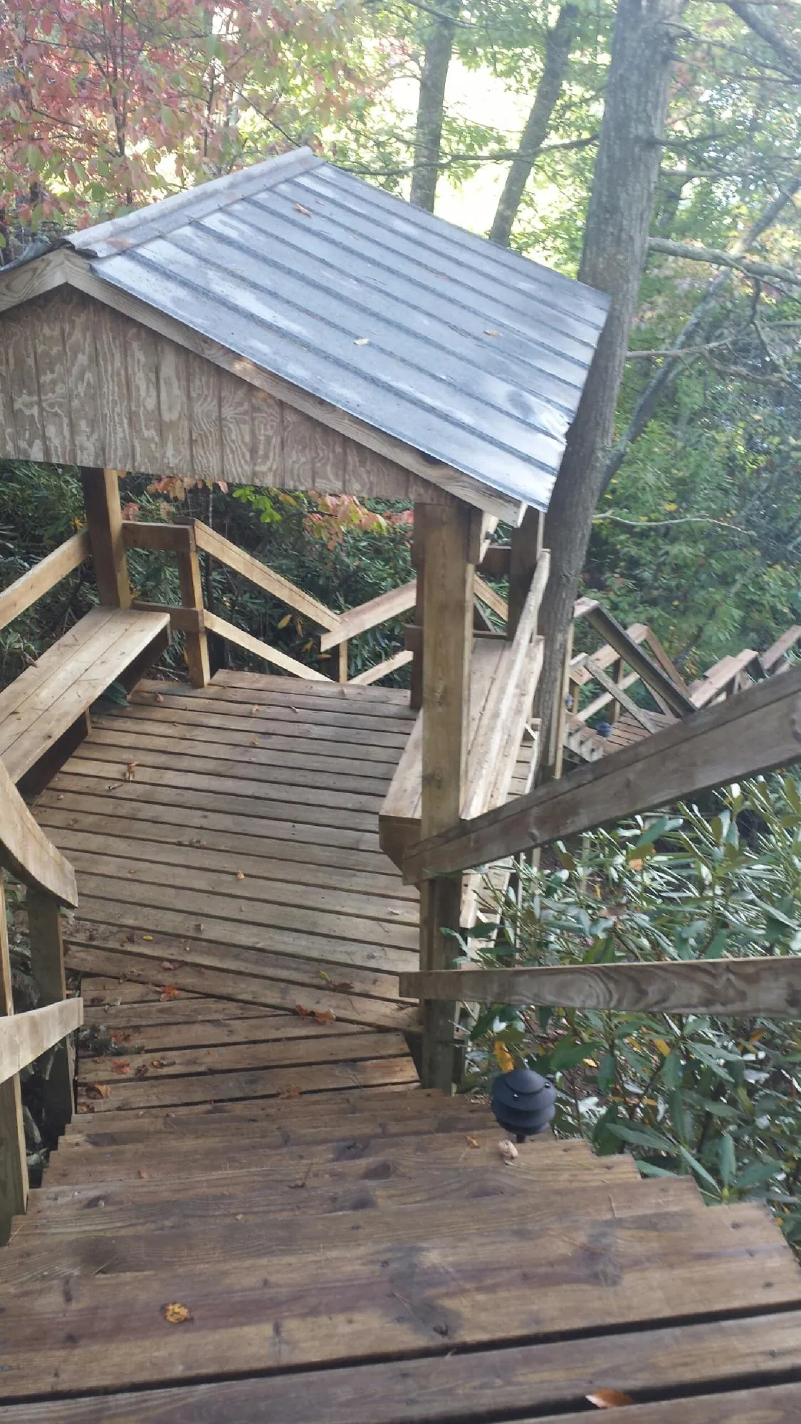 Metal roofed shelter over wooden steps on a wooded walkway — Skylight Repair & Installation work by our crew in Shacklefords